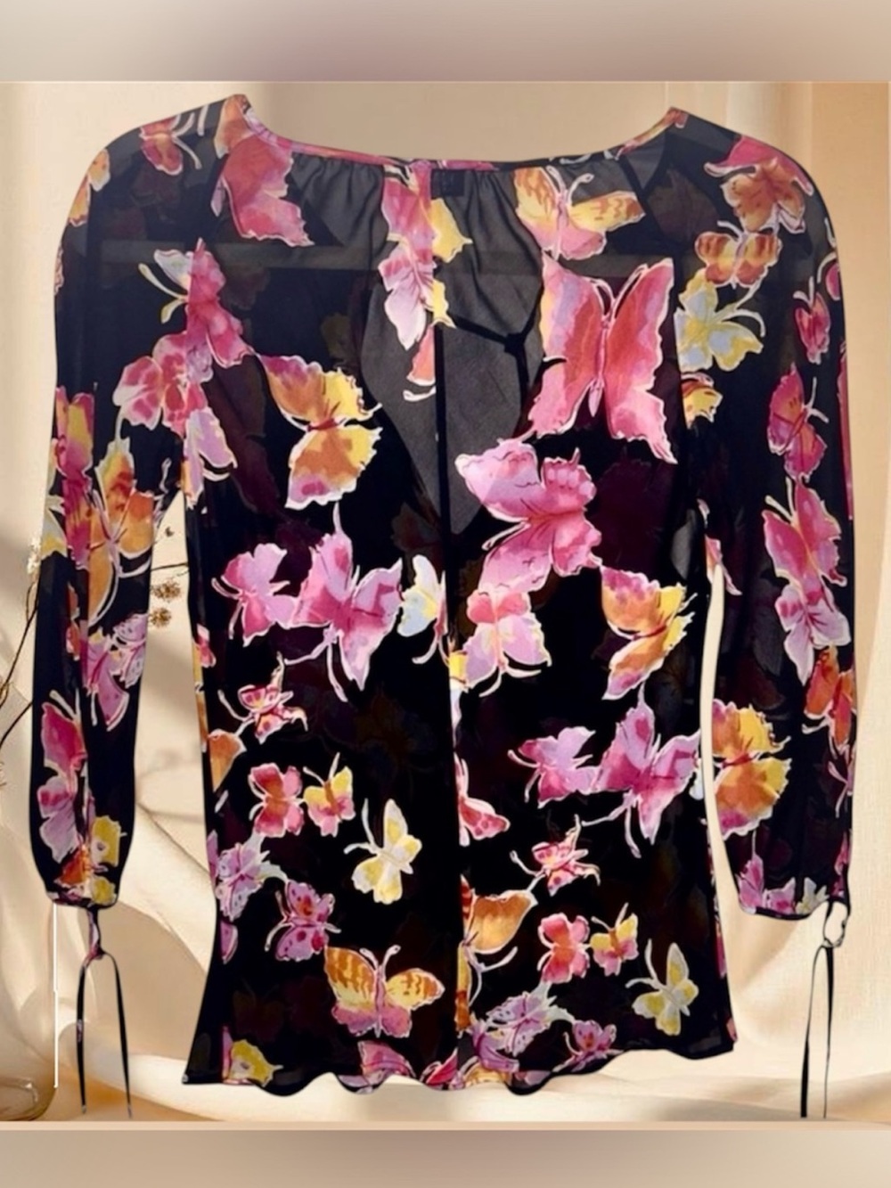 Vintage Moschino Butterfly Print Sheer Blouse Black Pink Y2K Chiffon Top - Picture 4 of 9